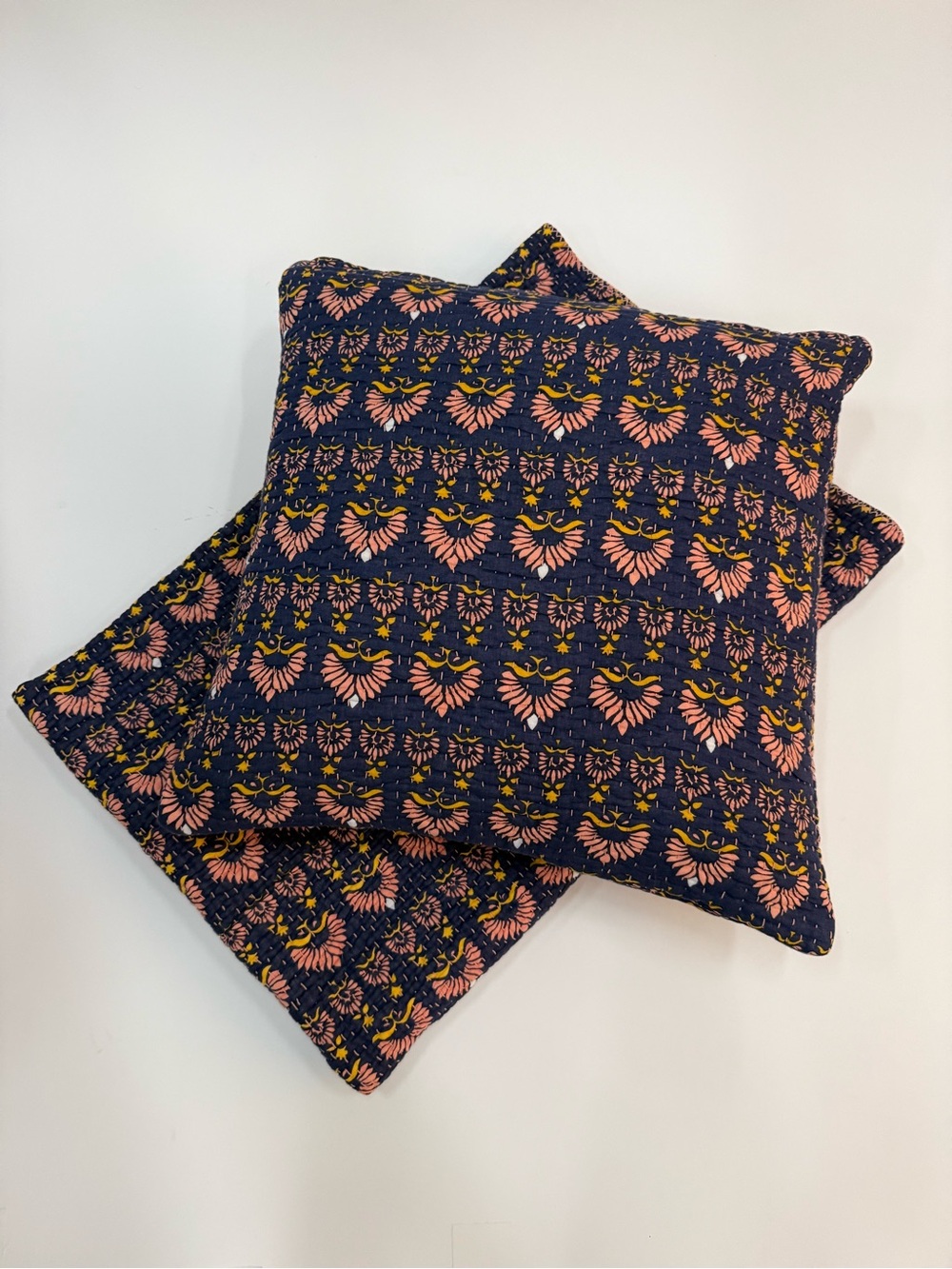 John Robshaw Navy Throw Pillow Pair with Pink & Yellow Floral Motif